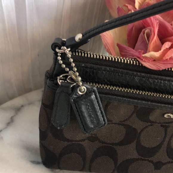 COACH black signature logo large wristlet wallet in canvas & w/ leather accents - Picture 2 of 15